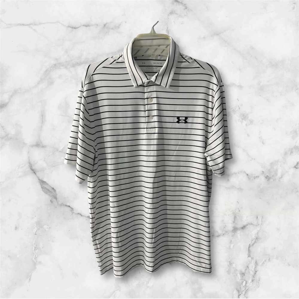 Under Armour Men's Black and White Striped Polo Shirt EUC - Size L